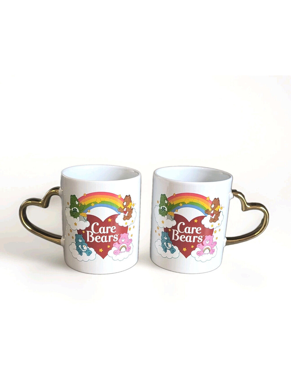 New Set of 2 Care Bears Gold Heart Handle Ceramic Coffee Tea Cups Mugs 14 oz